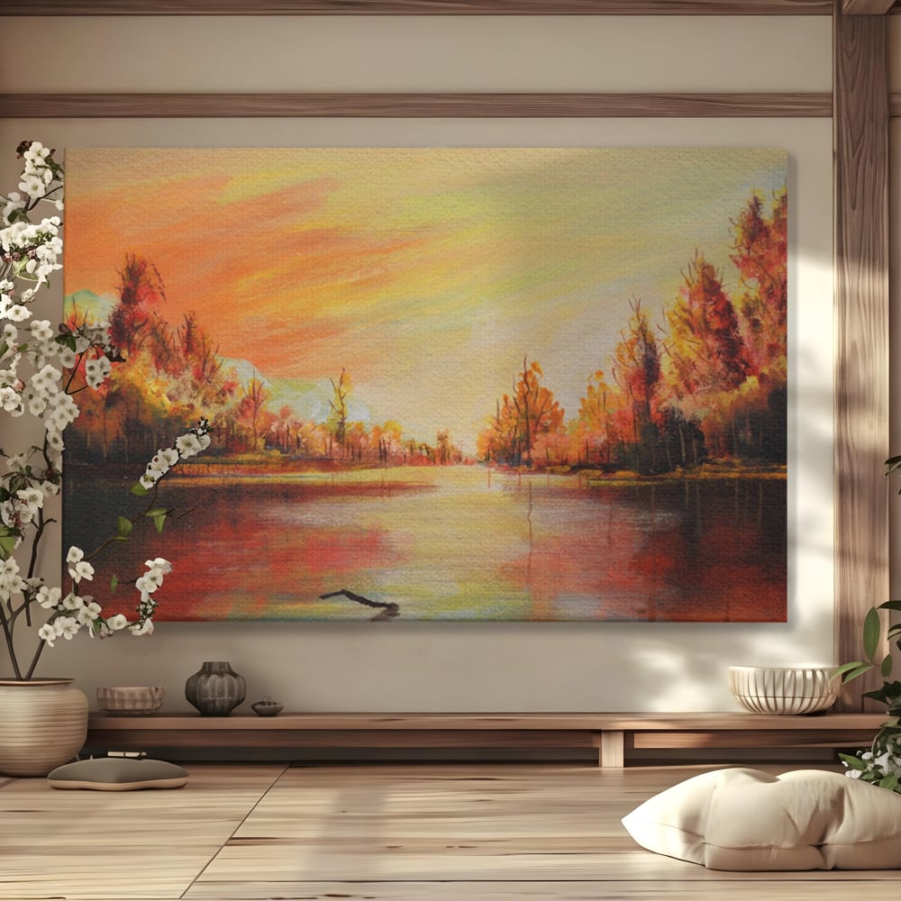 Tablou canvas cu pictura cu peisaj de toamna si lac, fara rama, pe sasiu de lemn